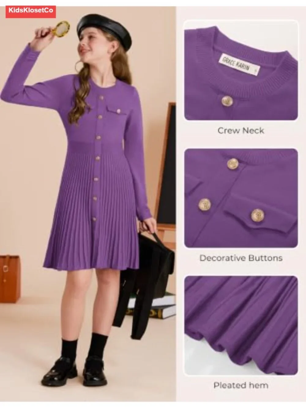 Girls Long Sleeve Knit Sweater Dress Pleated A-Line Midi Fall Winter 5-14Y